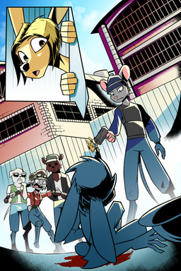 alley anthro blonde_hair blood bodily_fluids brown_body brown_fur clothed clothed_anthro clothed_female clothed_male clothing cybernetic_arm cybernetic_limb cybernetics day female female_anthro flat_cap fur grey_body grey_fur group gun hair handgun hat headgear headwear machine male male_anthro ranged_weapon short_hair weapon white_body white_fur yellow_body yellow_fur gatonejo gadea_(gatonejo) tabby_(gatonejo) bear canid canine canis cyborg deer domestic_dog lagomorph leporid mammal murid murine rabbit rat rodent 2026 absurd_res comic hi_res