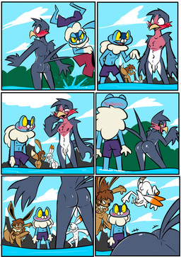 3_fingers 3_toes 4_fingers anthro balls barefoot big_breasts big_butt blue_body blush blush_face blush_lines breasts brown_body brown_fur brown_hair butt clothed clothed/nude clothed_anthro clothed_male clothing exhibitionism feet female fingers fur genitals group hair humiliation lake male male/female male/male nipples nude nude_anthro nude_female nude_male penis pink_nipples plantigrade red_nipples skinny_dipping slim slim_anthro slim_female slim_male small_penis smile standing swimming_trunks swimwear toes topless topless_anthro topless_male undressing water white_balls white_body white_fur white_penis birbpan nintendo pokemon amphibian avian canid canine eevee froakie frog generation_1_pokemon generation_3_pokemon generation_6_pokemon generation_8_pokemon lagomorph mammal pokemon_(species) scorbunny taillow comic hi_res multiple_scenes