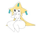 2022 absurd_res biped black_sclera breasts featureless_breasts featureless_feet feet female ferretidk full-length_portrait generation_3_pokemon hi_res holding_chin huge_hips humanoid jirachi legendary_pokemon looking_at_viewer medium_breasts narrowed_eyes navel nintendo not_furry nude one_eye_half-closed pokemon pokemon_(species) pokemorph portrait pseudo_clothing short_stack simple_background sitting smile solo thick_thighs white_background white_body white_eyes wide_hips