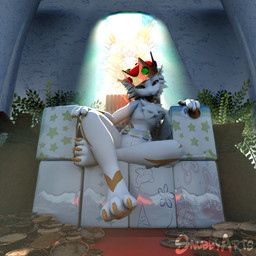 anthro chair clothed clothing coin collar crown diaper diaper_fetish fur furniture gold_(metal) headgear king looking_at_viewer male money plant roleplay royalty sitting solo throne throne_room wearing_diaper white_body snubbyarts kobold scalie 1:1 3d_(artwork) absurd_res digital_media_(artwork) hi_res huge_filesize