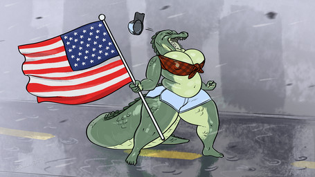 5_fingers 5_toes american_flag anthro belly belly_overhang belly_rolls big_breasts breasts claws cleavage clothed clothing countershade_face countershade_tail countershade_torso countershading curvy_figure eyelashes eyes_closed fangs feet female finger_claws fingers fist flag flag_(object) green_body green_scales holding_flag holding_object long_tail love_handles midriff navel nipple_outline open_mouth overweight overweight_female plantigrade road scales sharp_teeth skimpy slightly_chubby slightly_chubby_female solo tail teeth thick_tail thick_thighs toe_claws toes tongue united_states_of_america voluptuous voluptuous_anthro voluptuous_female white_claws wide_hips wind borisalien crocodilian reptile scalie 16:9 2019 dated digital_media_(artwork) hi_res meme signature widescreen
