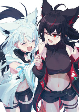ahoge animal_ears arms_bent bare_legs belt big_breasts black_bottomwear black_clothing black_crop_top black_hair black_jacket black_legwear black_pantyhose black_shirt black_shorts black_topwear blush bottomwear breasts clothed clothing collarbone crop_top duo ear_piercing ear_ring eyes_closed face_squish fangs female fluffy_ears hair hair_between_eyes hand_on_another's_face highlights_(coloring) jacket legwear long_hair midriff multi_ear navel one_eye_closed open_clothing open_jacket open_mouth open_topwear pantyhose piercing poking red_eyes ring_piercing shirt shorts simple_background squish string_panties teeth thigh_strap topwear white_background white_clothing white_hair kamkampan hololive vtuber kurokami_fubuki shirakami_fubuki animal_humanoid canid canid_humanoid canine canine_humanoid fox_humanoid humanoid mammal mammal_humanoid hi_res