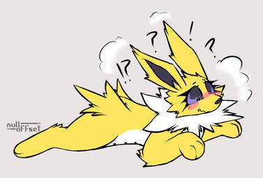 3_toes after_transformation areola belly black_areola blush exclamation_point feet female feral flustered fur interrobang nipples purple_eyes quadruped question_mark ruff solo teats toes white_belly yellow_body yellow_fur nulloffset nintendo pokemon lori_(nulloffset) eeveelution generation_1_pokemon jolteon pokemon_(species) hi_res signature