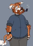 anthro beard blue_clothing blue_sweater blue_topwear bottomwear brown_beard brown_body brown_bottomwear brown_clothing brown_eyebrows brown_facial_hair brown_fur brown_hair brown_mustache brown_pants brown_tail clock clothed clothed_anthro clothed_male clothing eyebrows facial_hair fingers floppy_ears fur grey_background hair half-closed_eyes hooved_fingers hooves looking_at_viewer male male_anthro multicolored_body multicolored_fur mustache narrowed_eyes object_in_mouth pants pockets rolled_up_sleeves short_hair simple_background slightly_chubby slightly_chubby_anthro slightly_chubby_male smoke smoking smoking_pipe smoking_pipe_in_mouth solo standing sweater tail tail_tuft topwear tuft watch white_body white_fur white_tail_tuft wristwatch zipper beastofeuthanasia bubba_riverhog mammal suid suina sus_(pig) wild_boar 2024 digital_drawing_(artwork) digital_media_(artwork) flat_colors hi_res