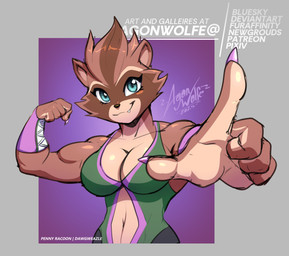 anthro breasts brown_body brown_fur claws fangs female flexing fur gesture hand_gesture looking_at_viewer multicolored_body multicolored_fur muscular muscular_anthro muscular_female pink_claws pointing pointing_at_viewer smile solo teeth wrestler agonwolfe mammal procyonid raccoon hi_res