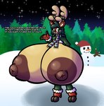 anthro antlers areola bell big_areola big_breasts big_nipples breasts countershading dialogue exposed_breasts female fur green_eyes green_hair hair hooves horn huge_areola huge_breasts huge_nipples hyper hyper_breasts night nipples puffy_areola puffy_nipples red_body red_fur scarf snow snowman solo tan_body tan_countershading text winter winter_coat sprucy carrie_(sprucy) deer mammal new_world_deer reindeer english_text