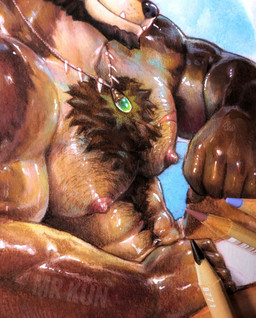 5_fingers abs anthro areola barazoku beard biceps big_muscles big_pecs black_claws black_nose blue_background body_hair brown_beard brown_body brown_facial_hair brown_fur chest_hair chest_scar claws close-up closed_smile deltoids facial_hair fangs finger_claws fingers forearm_muscles fur glistening glistening_body glistening_fur humanoid_hands jewelry male mouth_closed multicolored_body multicolored_fur muscular muscular_anthro muscular_arms muscular_male navel nipples pecs pecs_focus pendant pink_areola pink_nipples scar side_view simple_background smile solo tan_body tan_fur teeth text tooth_necklace triceps underbite whisker_spots mrkun canid canine mammal artist_name cropped graphite_(artwork) hi_res mixed_media painting_(artwork) traditional_media_(artwork) traditional_painting_(artwork) traditional_watercolor_(artwork) unfinished watercolor_(artwork) watermark