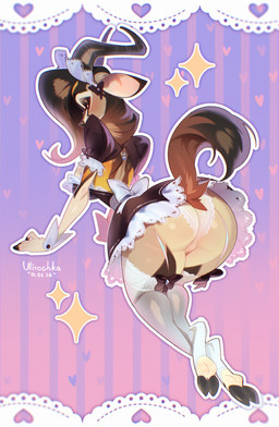 anthro bedroom_eyes big_butt bottomwear butt camel_toe clothing dress female female_anthro fur glistening glistening_butt hair hooves horn lace lace_panties long_hair looking_at_viewer looking_back looking_back_at_viewer maid_headdress maid_uniform mature_anthro mature_female miniskirt multicolored_body multicolored_fur narrowed_eyes open_back_dress panties panty_shot pose presenting presenting_hindquarters raised_tail rear_view seductive skirt solo tail tan_body tan_fur thick_thighs underwear uniform ulitochka zahra_(airheart) antelope bovid gazelle mammal 2026 colored dated digital_drawing_(artwork) digital_media_(artwork) hi_res shaded watermark
