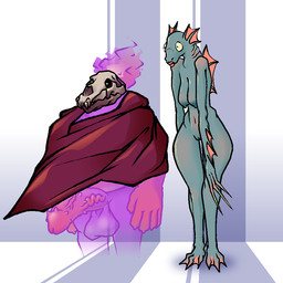 anthro balls bone cloak clothed clothed_male clothing duo erection female genitals glossy_body male nude nude_anthro nude_female penis skull skull_head standing translucent vulva langui aquatic bear fish ghost mammal spirit 1:1 digital_media_(artwork) pixel_(artwork)