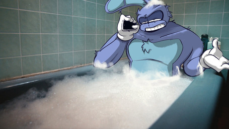 anthro bathing bathroom bathtub blue_body clothing detailed_background electronics gloves handwear male phone showering solo rabbit5gamer lagomorph leporid mammal rabbit 16:9 hi_res widescreen