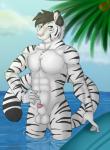 abs animal_genitalia anthro athletic athletic_anthro athletic_male balls biped black_body black_fur black_hair black_stripes blue_eyes blue_sky chest_tuft cloud day detailed_background front_view fur genitals hair legs_in_water leucistic long_tail looking_at_viewer male multicolored_body multicolored_fur navel nude outside palm_tree partially_submerged pecs penis penis_tip pink_nose plant reflection sea seascape sheath sky smile smirk solo standing striped_body striped_fur stripes submerged_legs surfboard tail tree tuft two_tone_body two_tone_fur vehicle water watercraft white_body white_fur wyebird codytiger felid mammal pantherine tiger 2015 digital_media_(artwork) hi_res portrait three-quarter_portrait