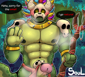 anthro blush bodily_fluids bone bone_mask clothing detailed_background erection feathers genital_fluids genitals glans gold_(metal) gold_jewelry green_body humanoid_genitalia humanoid_penis jewelry leaf male mask muscular musk nipples penis precum skull skull_mask solo spots staff tail text underwear yellow_eyes soulcanela terraria witch_doctor_(terraria) lihzahrd reptile scalie english_text hi_res