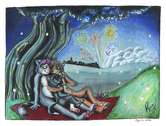 anthro black_body black_fur blue_eyes closed_smile cloud fireworks fur glistening glistening_eyes grass green_eyes grey_body grey_fur group hug logo male male_anthro mouth_closed night nude open_mouth open_smile orange_body orange_fur outside plant red_eyes sitting smile tan_body tan_fur white_body white_fur young young_anthro young_male pandapaco bear felid mammal 2012 artist_logo dated signature traditional_media_(artwork)