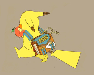 ambiguous_gender apple backpack bodily_fluids eating food fruit fur key letter looking_away mail plant saliva simple_background solo tail walking yellow_body yellow_fur lazy95 nintendo pokemon generation_1_pokemon mammal pikachu pokemon_(species) rodent