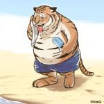 anthro beach belly belly_overhang bodily_fluids breath claws clothed clothing food fur holding_food holding_object holding_towel male obese obese_anthro obese_male open_mouth orange_body orange_fur outside overweight overweight_anthro overweight_male panting popsicle sand sea_salt_ice_cream seaside solo striped_body striped_fur stripes sweat sweatdrop swimwear toe_claws tongue tongue_out topless towel water nawa felid mammal pantherine tiger 1:1 hi_res