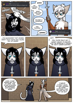 angry anthro black_clothing black_hair blue_eyes border breasts brown_clothing bruised clothed clothing detailed_background dialogue duo fantasy female fur gloves gloves_only grey_body grey_fur hair handwear handwear_only long_hair melee_weapon mostly_nude mostly_nude_anthro mostly_nude_female nipples outside partially_clothed paws polearm ponytail profanity public public_nudity robe spear speech_bubble tail text weapon white_body white_border white_fur white_hair thecumrat sylvia_(thecumrat) tasmin canid canine felid feline fox mammal absurd_res comic english_text hi_res story