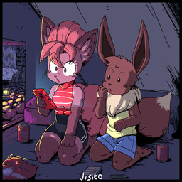 6_tails anthro athletic_wear beady_eyes beverage beverage_can black_eyes blush blush_stickers bottomwear breasts brown_body brown_fur camping chips_(food) clothing denim denim_bottomwear denim_clothing denim_shorts dipstick_tail duo electronics eyelashes female food fur gym_bottomwear gym_shorts lamp lantern leg_markings male markings multi_tail neck_tuft notebook pattern_clothing pattern_shirt pattern_topwear pencil_(object) phone pokemorph pose potato_chips red_clothing red_shirt red_topwear shirt shorts socks_(marking) soda striped_clothing striped_shirt striped_topwear stripes surprised sweater tail tail_markings tent topwear tuft turtleneck waterfall yellow_clothing yellow_shirt yellow_topwear jisito nintendo pokemon flori_(jisito) inti_(jisito) eevee generation_1_pokemon pokemon_(species) vulpix 1:1 hi_res