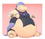 after_transformation anthro barely_contained belly big_belly blue_eyes blue_hair breasts clothed clothing female fingerless_gloves gloves hair handwear nails overweight simple_background sitting solo weight_gain subakitsu kingdom_hearts square_enix aqua_(kingdom_hearts) common_hippopotamus hippopotamid mammal