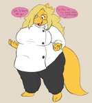 alphys anthro barefoot belly big_belly big_breasts blonde_hair bottomwear breasts buckteeth clothed clothing coat cobalt_bloatad dialogue english_text eyewear feet female front_view fully_clothed glasses hair hi_res huge_breasts lab_coat lizard looking_at_self looking_down navel_outline non-mammal_breasts obese obese_anthro obese_female open_mouth open_smile overweight overweight_anthro overweight_female pants reptile scales scalie sharp_teeth simple_background smile solo speech_bubble standing stuttering teeth text thick_thighs three-quarter_view tongue topwear undertale undertale_(series) wide_hips yellow_body yellow_scales