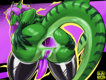 2_penises anthro anus butt clothing gaping gaping_anus genitals green_body green_ears green_tail hair herm intersex latex latex_clothing latex_legwear legwear lube lube_drip lube_on_butt lube_string multi_genitalia multi_penis open_anus penis purple_anus purple_background purple_eyes purple_hair purple_penis purple_tongue purple_vulva simple_background solo spread_butt spread_legs spreading tail tongue vulva albinion kelp_(blaze125) fish marine shark absurd_res hi_res