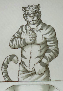 anthro cellphone electronics eyewear front_view fur glasses glistening glistening_eyes holding_cellphone holding_object holding_phone holding_smartphone looking_at_viewer male male_anthro mouth_closed navel phone rectangular_glasses sink smartphone solo standing tail towel towel_around_waist hufnaar hufnaar_(character) felid mammal pantherine tiger black_and_white english_description hi_res monochrome