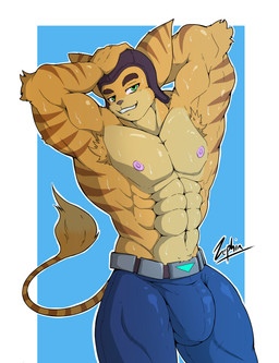 abs anthro biceps big_muscles bulge clothed clothing flexing fur green_eyes huge_muscles male muscular muscular_anthro muscular_male nipples pecs simple_background smile solo standing stripes tail topless yellow_body yellow_fur zephir ratchet_and_clank sony_corporation sony_interactive_entertainment ratchet_(ratchet_and_clank) lombax mammal absurd_res digital_media_(artwork) hi_res