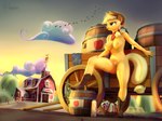 2024 3d_(artwork) absurd_res anthro anthrofied applejack_(mlp) areola blonde_hair boots bottomwear breasts canid canine cart clothed clothing cloud digital_media_(artwork) earth_pony equid equine farm female footwear freckles friendship_is_magic genitals glistening glistening_body glistening_breasts glistening_legs glistening_thighs green_eyes hair hasbro hat headgear headwear hi_res hornyforest horse leaning leaning_on_object mammal my_little_pony navel nipples nude nude_anthro nude_female outside pony pubes pussy shoes sky solo tail wet wet_body