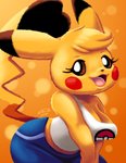 anthro anthrofied blonde_hair bottomwear breasts cleavage cleft_tail clothed clothing cosplay_pikachu_(costume) crop_top dipstick_ears dipstick_tail ear_markings female hair heart_tail looking_at_viewer markings midriff multicolored_ears multicolored_tail open_mouth open_smile pants pokemorph shirt single_strap single_strap_clothing single_strap_topwear smile solo tail tail_markings tongue topwear jo-vee-al nintendo pokemon cosplay_pikachu_(character) fan_character kanna_(joaoppereiraus) pikachu_libre generation_1_pokemon pikachu pokemon_(species) 2020 absurd_res hi_res signature