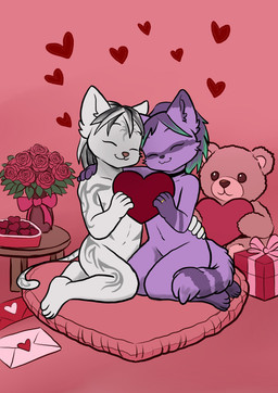 anthro digit_ring duo female fur heart_symbol holidays jewelry love male male/female married_couple purple_body purple_fur ring wedding_ring white_body white_fur natt valentine's_day bahamut_omega mitzki_blu felid feline mammal pantherine procyonid raccoon tiger absurd_res hi_res