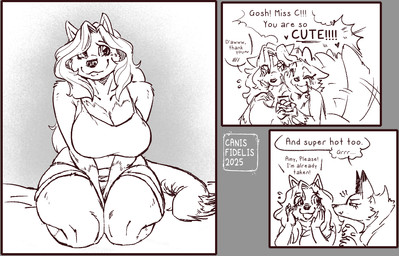 anthro big_breasts biped blush blush_lines bottomwear breasts cheek_tuft closed_smile clothed clothing dialogue duo eye_contact facial_tuft female front_view hair hair_over_eye long_hair looking_at_another looking_at_viewer mouth_closed open_mouth shirt shorts simple_background sitting smile solo speech_bubble tail tail_motion tailwag tank_top text thick_thighs topwear tuft wide_hips canisfidelis amy_(canisfidelis) seashell_(canisfidelis) canid canine canis domestic_dog mammal maned_wolf 2025 alternate_version_at_source comic english_text monochrome multiple_images multiple_scenes