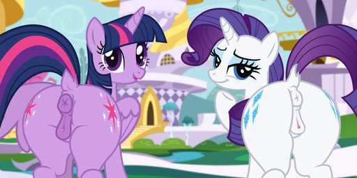 anatomically_correct anatomically_correct_genitalia anatomically_correct_vulva animal_genitalia animal_vulva anus blue_eyes butt clitoral_winking clitoris cutie_mark dock_(anatomy) duo equine_anus equine_genitalia equine_vulva eyelashes female feral genitals horn looking_at_viewer on_model puffy_anus purple_anus purple_body purple_eyes purple_vulva raised_tail screencap screencap_background smile tail thick_thighs vulva white_anus white_body white_vulva wings pinfeather friendship_is_magic hasbro my_little_pony mythology rarity_(mlp) twilight_sparkle_(mlp) equid equine mammal mythological_creature mythological_equine unicorn winged_unicorn hi_res