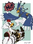 anthro beak blue_body blue_feathers braided_hair clothing duo feathers fez green_eyes hair hat headgear headwear magic_lamp male text white_body white_feathers wings okayu_kingdom breath_of_the_wild nintendo the_legend_of_zelda revali teba_(tloz) avian genie rito 3:4 english_text hi_res