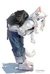 anthro backpack black_backpack blue_eyes bottomwear clothed clothing denim denim_bottomwear denim_clothing eyewear female female_anthro footwear fully_clothed fur glasses hair hoodie jacket jeans kemono long_hair looking_at_viewer pants shoes simple_background solo topwear whiskers white_background white_body white_clothing white_fur white_jacket white_topwear shiiorina domestic_cat felid feline felis mammal 2021 hi_res