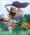 anthro back_boob big_breasts big_butt black_nose blue_sky blurred_background blurred_foreground bottomless bottomless_female bracelet breasts brown_hair butt canid canine canis cleavage clothed clothing cloud countershade_arms countershade_butt countershade_ears countershade_legs countershade_tail countershade_torso countershading cover digit_ring domestic_dog dress engagement_ring female fence flower fluffy fluffy_legs fluffy_tail freckles fur grass hair hat headgear headwear hi_res huge_breasts huge_butt husky inner_ear_fluff jewelry light long_hair mammal maya_halkavich mountain mountain_range nordic_sled_dog orange_body orange_fur plant red_husky rose_(flower) shrub sky snow solo spitz straw_hat stretching stylish_apollo summer sundress sunlight tail thick_thighs towel tuft white_body white_fur wide_hips