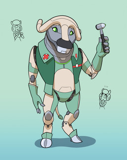 2_horns anthro black_nose blue_background clothing dentist dentist_tool duo female gloves green_body green_clothing green_eyes grey_body handwear heart_eyes heart_symbol holding_object hooves horn jacket machine male medical_instrument open_mouth otoscope red_cross scientific_instrument simple_background smile tail teeth tongue tools topwear white_body scifer mercie unnamed_character android bovid bovine cape_buffalo caprine mammal robot sheep 2022 digital_drawing_(artwork) digital_media_(artwork) hi_res