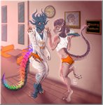 anthro barbel_(anatomy) blush bodily_fluids bottomwear burger claws clock clothing crop_top digitigrade drinking_straw duo embarrassed femboy flesh_whiskers food glowing glowing_eyes green_eyes hair hand_on_shoulder holding_object hooters_uniform horn hotpants interior_background jewelry legs_together male multicolored_body multicolored_tail picture_frame ponytail pupils rainbow_tail raised_leg restaurant ring roman_numeral scales scared serving serving_beverage serving_food shirt shirt_pulled_down shorts soft_drink spiked_tail spikes spikes_(anatomy) sweat sweatdrop tail tank_top teeth teeth_showing text text_on_clothing text_on_shirt text_on_tank_top text_on_topwear topwear torn_clothing tray two_tone_body uniform waiter waiter_tray wall_clock white_pupils psychomittens femboy_hooters hooters mythology veernon_brighteyes alien dragon mythological_creature mythological_scalie reptile scalie english_text hi_res