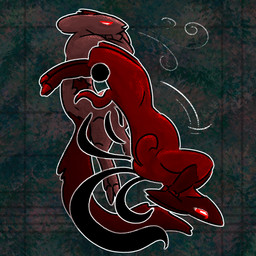 ambiguous_gender breath duo exercise feral frill_(anatomy) hands_behind_head head_on_arm motion_lines red_body red_eyes scar simple_background sit-up upside_down kayw2324 rain_world videocult artificer_(rain_world) chieftain_scavenger scavenger_(rain_world) slugcat 1:1 hi_res