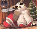 anthro areola areola_slip big_breasts biped breasts clothed clothing detailed_background dialogue eyelashes eyewear female glasses hanging_breasts holidays huge_breasts inside looking_at_viewer lying non-mammal_breasts pupils solo speech_bubble text thick_thighs three-quarter_view wide_hips thousandfoldfeathers christmas dungeons_and_dragons hasbro wizards_of_the_coast avian bear bird hybrid mammal owl owlbear 2024 english_text