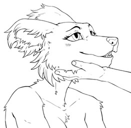 anthro blush breasts cheek_tuft chin_scratch disembodied_hand duo facial_tuft female fluffy_ears looking_at_another mostly_offscreen_character open_mouth petting simple_background smile tuft white_background maynard0 beastars juno_(beastars) canid canine canis human mammal wolf 2025 bust_portrait hi_res line_art monochrome portrait