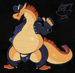 anthro bedroom_eyes belly big_belly big_bulge big_butt bodily_fluids bulge butt chaps clothing drooling duo facial_hair footwear goatee hat headgear headwear horn jacket leather leather_clothing leather_daddy leather_jacket leather_topwear male male/male mustache narrowed_eyes overweight overweight_anthro overweight_male red_eyes saliva seductive shoes snout solo tail tan_body text thong topwear underwear yellow_sclera digiheart kings_of_hell mythology bune_(kings_of_hell) lutin_lucifer demon dragon mythological_creature mythological_scalie scalie hi_res line_art