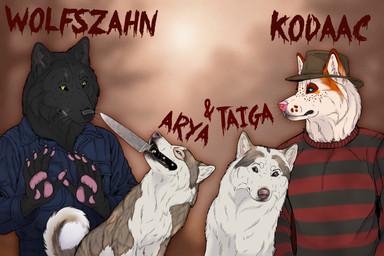 ambiguous_feral ambiguous_gender anthro bared_teeth black_body black_clothing black_fur black_topwear blue_clothing blue_eyes blue_overalls brown_body brown_eyes brown_fur clothed clothing facial_markings facial_spots feral fingerpads fur group head_markings knife knife_in_mouth male male_anthro markings object_in_mouth orange_markings overalls pattern_clothing pattern_topwear pawpads pink_pawpads red_clothing red_topwear spotted_face striped_clothing striped_topwear stripes teeth topwear white_body white_fur yellow_eyes kodaac canid canine mammal hi_res