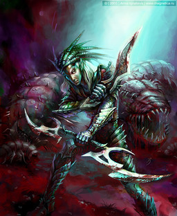 after_battle ambiguous_feral ambiguous_gender armor blood blood_from_mouth blood_in_mouth blood_on_armor blood_on_ground blood_on_sword blood_on_weapon blurred_background bodily_fluids covered_in_blood death eyeless feral game_cover gore group hair headgear headless helmet humanoid_focus looking_at_viewer male not_furry_focus sharp_teeth standing teeth text weapon white_hair anna_ignatieva sacred_(video_game) sacred_(video_game_series) thq_nordic laurelinad arthropod dark_elf elf humanoid 2005 dated official_art signature url