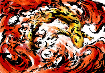 abstract_background ambiguous_gender black_eyes feral fire humor nude pun simple_background solo visual_pun nojo mythology amphibian fire_salamander mythological_creature mythological_salamander mythological_scalie salamander scalie restricted_palette