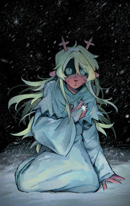 anthro black_background blonde_hair clothing dress female freckles hair ring simple_background snow snowgrave solo white_clothing white_dress goomyloid deltarune undertale_(series) noelle_holiday deer mammal new_world_deer reindeer 2025 absurd_res hi_res