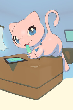 3_toes 4_fingers anthro blue_eyes bracelet eating eyelashes feet female fingers food furniture inside jewelry looking_at_viewer necklace open_mouth pink_body popsicle smile solo tablet_computer tail toes inkune nintendo pokemon generation_1_pokemon legendary_pokemon mammal mew_(pokemon) pokemon_(species) 2:3 absurd_res digital_media_(artwork) hi_res shaded sketch