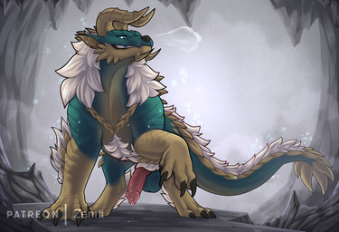 balls big_balls bodily_fluids claws dripping erection feral fur genital_fluids genitals horn knot male penis precum precum_drip scales smile smirk solo tail conditional_dnp zenrii capcom monster_hunter fanged_wyvern zinogre absurd_res hi_res