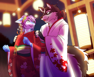 accessory anthro arnou_(dante) asian_clothing black_body black_fur blue_body blue_skin clothing duo east_asian_clothing female flower flower_in_hair fur green_eyes hair hair_accessory japanese_clothing kimono lights male male/female night plant purple_hair smile white_body white_fur white_skin ketzel99 rigel_(1stsavagery) aquatic canid canine canis carpet_shark fish mammal shark whale_shark wolf hi_res