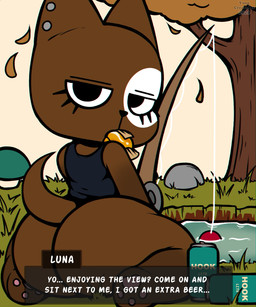 alcohol anthro bedroom_eyes beer beverage beverage_can big_butt black_clothing black_nose black_shirt black_tank_top black_topwear bottomless brown_body brown_fur brown_tail butt clothed clothing ear_piercing female fish_in_mouth fishing fishing_rod fungus fur gameplay_mechanics grass half-closed_eyes inviting kneeling kneeling_on_grass lake leaf looking_at_viewer looking_back multicolored_body multicolored_fur mushroom narrowed_eyes on_grass on_ground outside partially_clothed pawpads piercing pink_pawpads plant question question_mark rear_view rock seductive shirt solo tail tank_top text text_box thick_thighs three-quarter_view topwear tree two_tone_body two_tone_fur water white_body white_fur yungcreate webfishing luna_(yungcreate) aquatic domestic_cat felid feline felis fish mammal 2024 5:6 absurd_res digital_media_(artwork) english_text hi_res