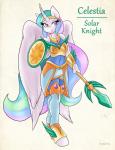 2015 absurd_res ambris anthro anthrofied armor best_princess blush breasts english_text equid equine eyelashes feathered_wings feathers female friendship_is_magic fur hair hasbro hi_res horn long_hair mammal melee_weapon multicolored_hair multicolored_tail my_little_pony mythological_creature mythological_equine mythology navel polearm princess_celestia_(mlp) purple_eyes shield smile solo spear tail text weapon white_body white_feathers white_fur winged_unicorn wings