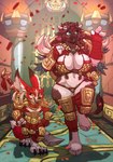 2023 anthro arena armor atryl big_breasts blizzard_entertainment bovid bovine breasts canid cleavage clothed clothing curvy_figure duo female gladiator hi_res larger_anthro larger_female male mammal partners shawasha_(duskthebatpack) shield size_difference skimpy smaller_anthro smaller_male smug_grin tauren thick_thighs unconvincing_armor victory voluptuous vulpera warcraft warrior weapon wide_hips zandai_(duskthebatpack)